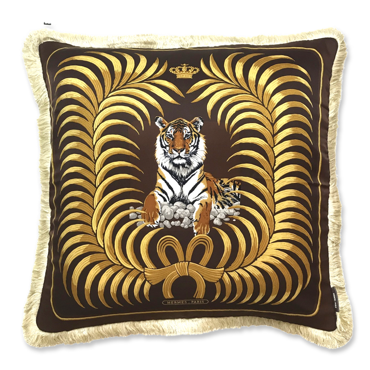 Vintage Hermes Pillow Tigre Royal Vintage Silk Scarf Pillow 28" at Vintage Luxe Up