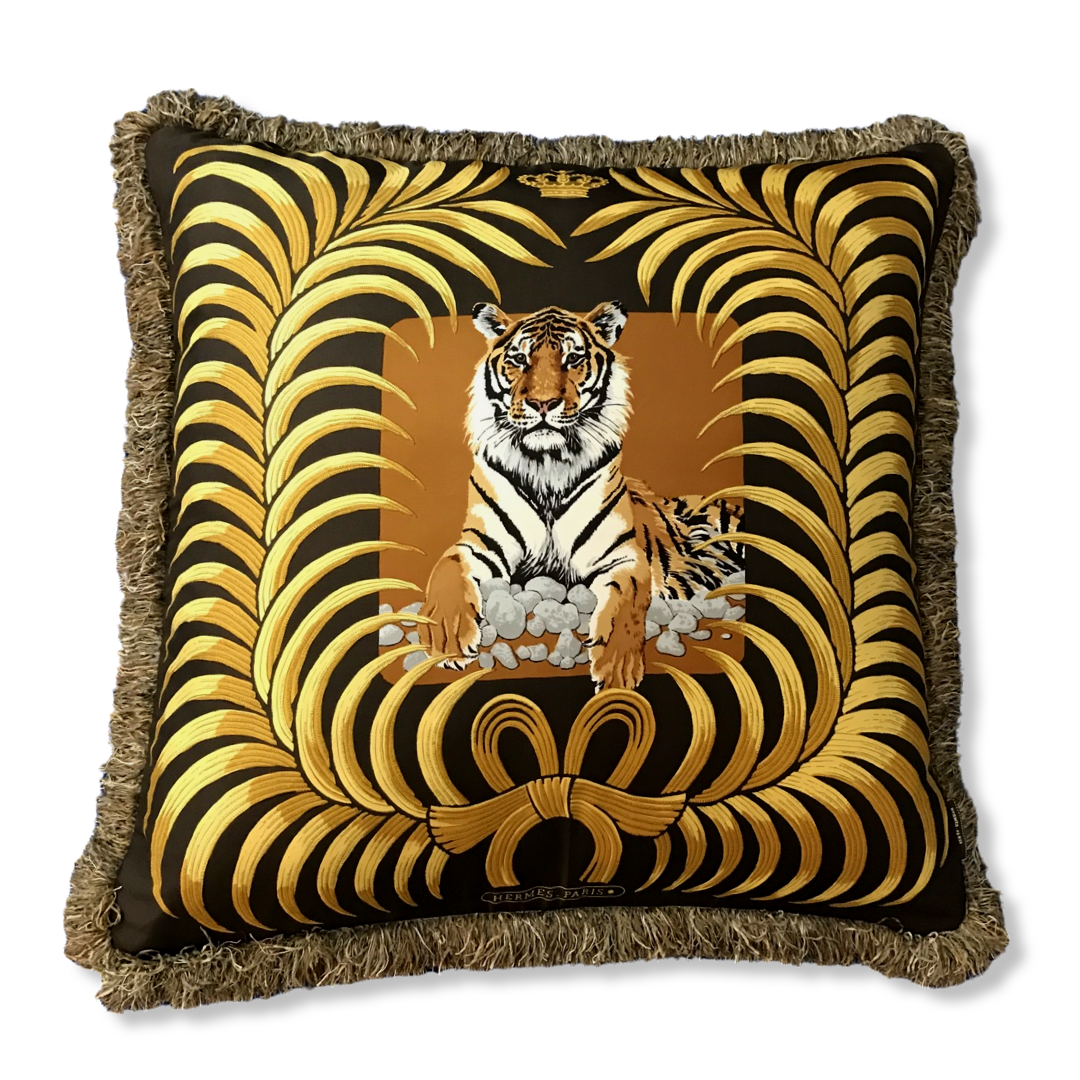 Vintage Hermes Pillow Tigre Royal Vintage Silk Scarf Pillow 28" at Vintage Luxe Up
