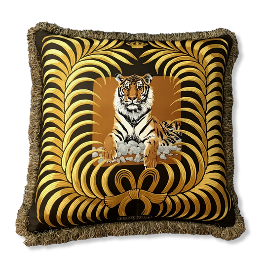 Vintage Hermes Pillow Tigre Royal Vintage Silk Scarf Pillow 28" at Vintage Luxe Up
