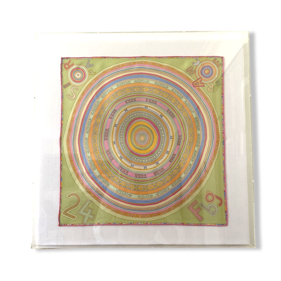 Framed Hermes Scarf Tohu Bohu Acrylic Shadow Box Framed Vintage Silk Scarf 20" Vintage Hermes at Vintage Luxe Up