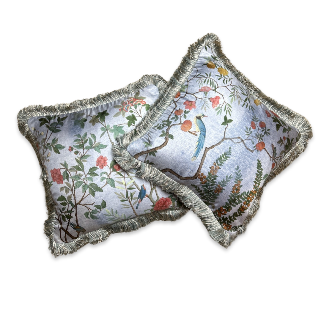 Tree of Life Chinoiserie Blue Vintage Silk Scarf Pillows