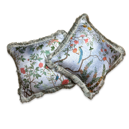 Tree of Life Chinoiserie Blue Vintage Silk Scarf Pillows