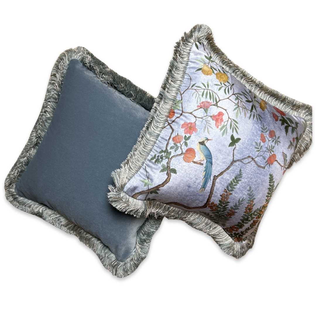 Tree of Life Chinoiserie Blue Vintage Silk Scarf Pillows