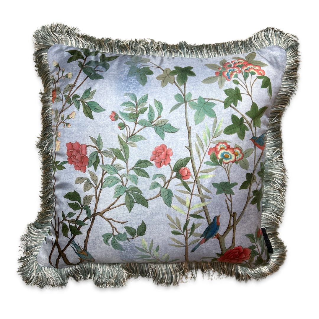 Tree of Life Chinoiserie Blue Vintage Silk Scarf Pillows
