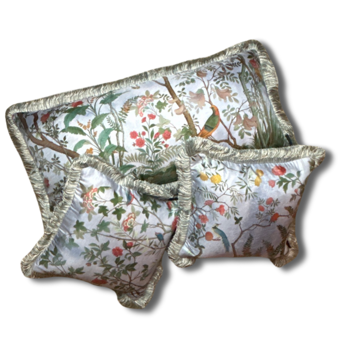 Vintage Gucci Pillow Tree of Life Tian Chinoiserie Blue Vintage Silk Scarf Pillows at Vintage Luxe Up