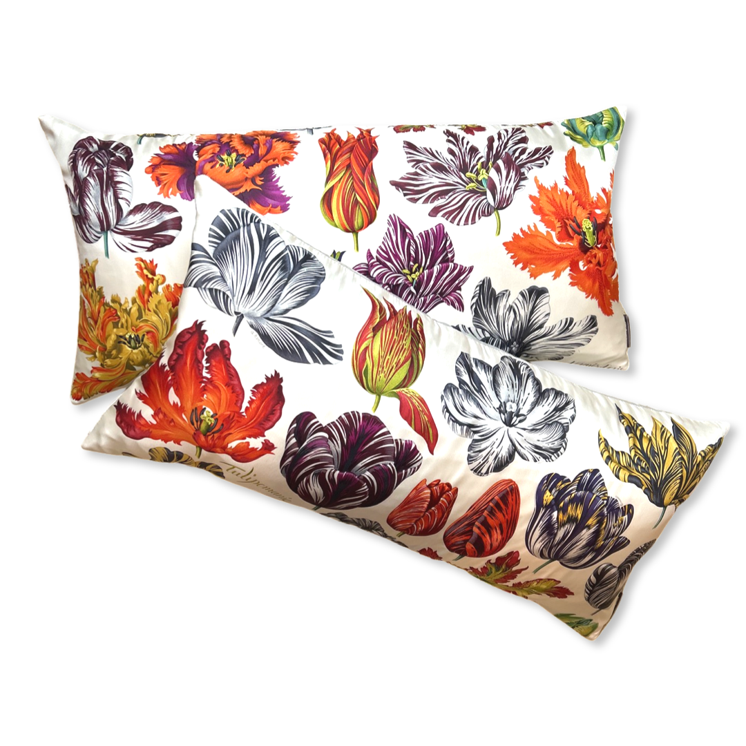 Vintage Hermes Pillow Tulipomanie Vintage Silk Scarf Lumbar Pillows 35" at Vintage Luxe Up