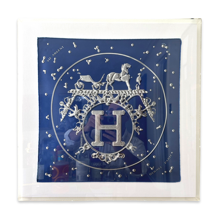 Framed Hermes Scarf Vif Argent Acrylic Shadow Box Framed Vintage Silk Scarf 20" Vintage Hermes at Vintage Luxe Up