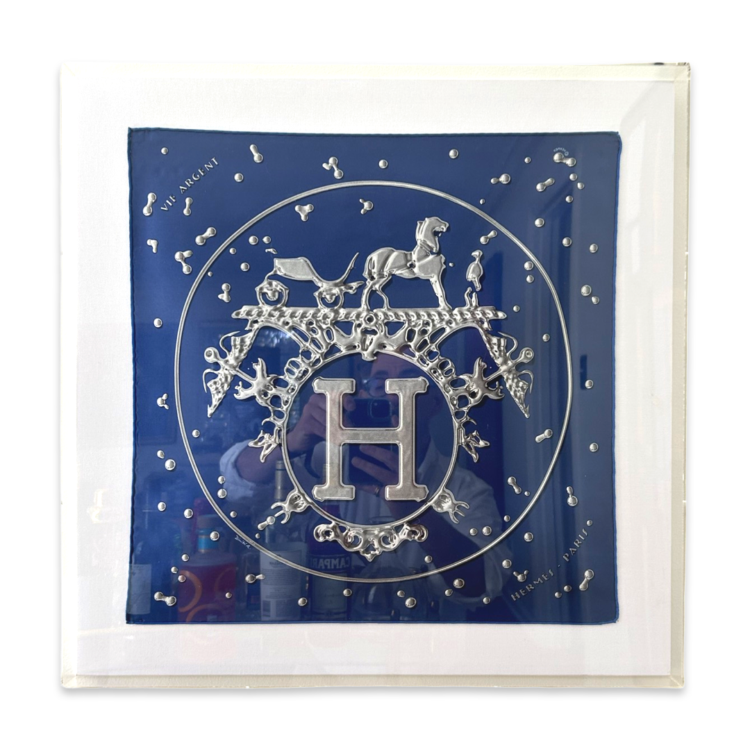 Framed Hermes Scarf Vif Argent Acrylic Shadow Box Framed Vintage Silk Scarf 20" Vintage Hermes at Vintage Luxe Up