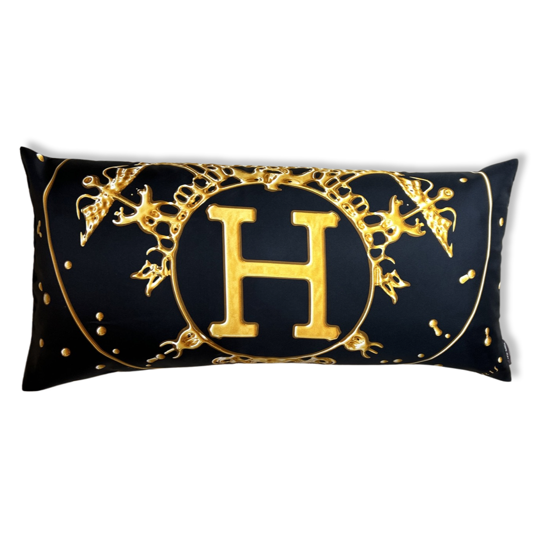 Vintage Hermes Pillow Vif Argent Black & Gold Vintage Silk Scarf Lumbar Pillows 35" at Vintage Luxe Up