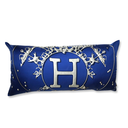 Vintage Hermes Pillow Vif Argent Blue & Silver Vintage Silk Scarf Lumbar Pillow 35" at Vintage Luxe Up