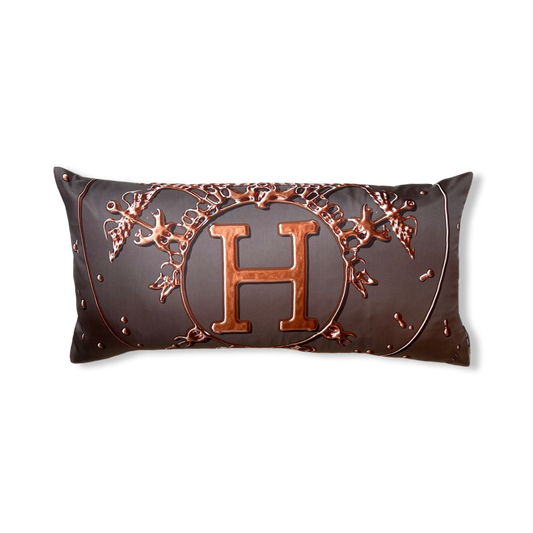 Vintage Hermes Pillow Vif Argent Brown & Gold Vintage Silk Scarf Lumbar Pillow 35" at Vintage Luxe Up