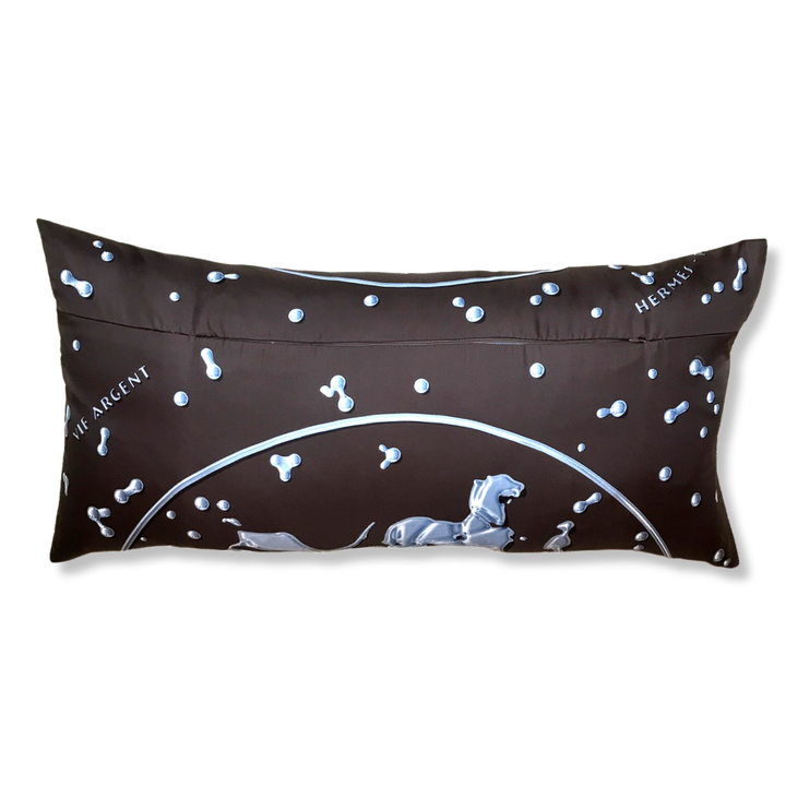 Vif Argent Brown & Silver Vintage Silk Scarf Lumbar Pillow 35"