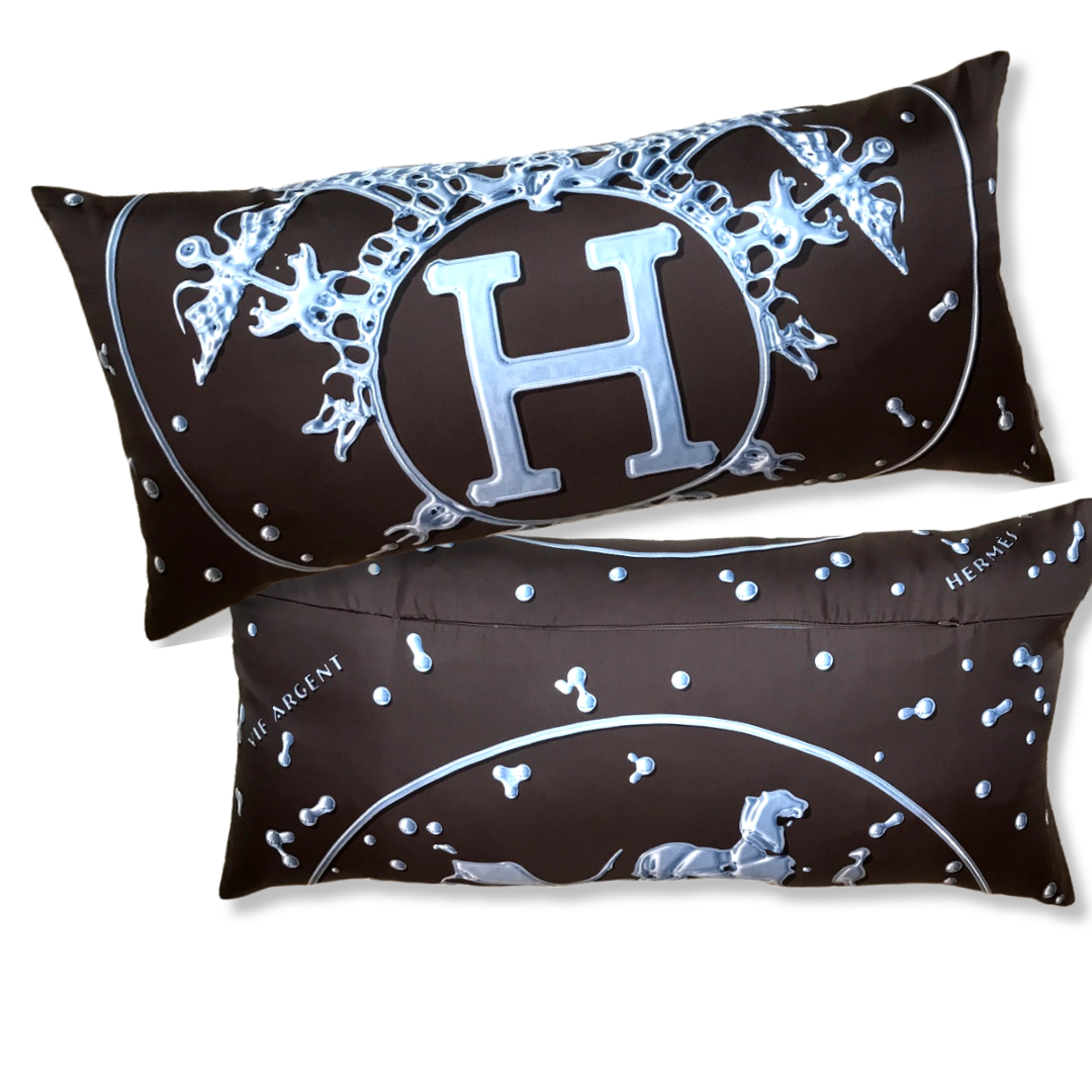 Vintage Hermes Pillow Vif Argent Brown & Silver Vintage Silk Scarf Lumbar Pillow 35" at Vintage Luxe Up