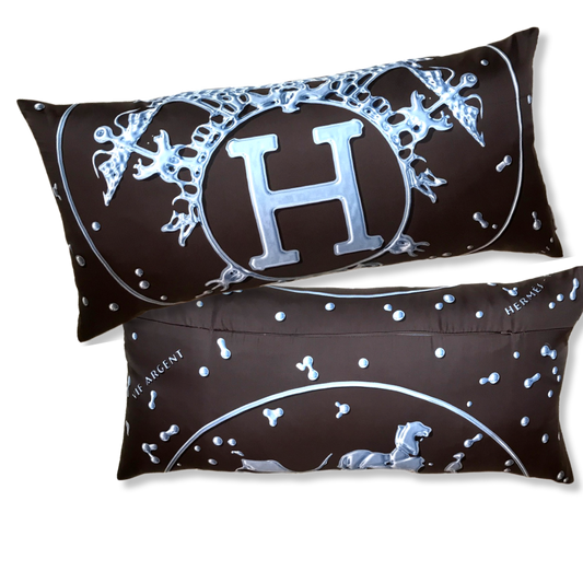 Vintage Hermes Pillow Vif Argent Brown & Silver Vintage Silk Scarf Lumbar Pillow 35" at Vintage Luxe Up