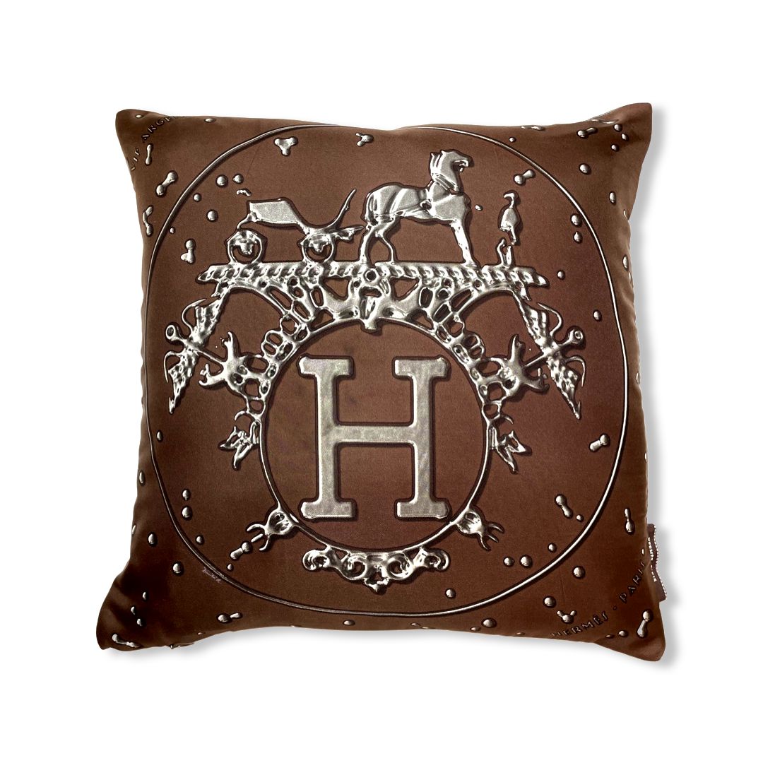 Vintage Hermes Pillow Vif Argent Brown & Silver Vintage Silk Scarf Pillow 17" at Vintage Luxe Up