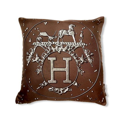 Vintage Hermes Pillow Vif Argent Brown & Silver Vintage Silk Scarf Pillow 17" at Vintage Luxe Up