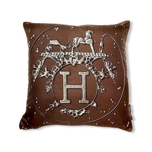 Vintage Hermes Pillow Vif Argent Brown & Silver Vintage Silk Scarf Pillow 17" at Vintage Luxe Up