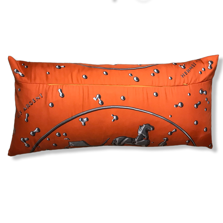 Vif Argent Orange & Silver Vintage Silk Scarf Lumbar Pillow 35"