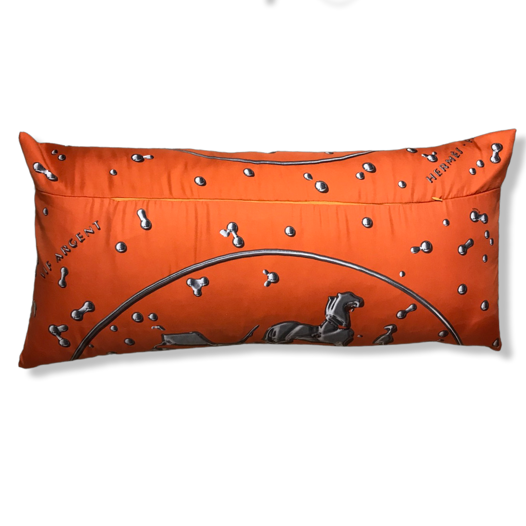 Vif Argent Orange & Silver Vintage Silk Scarf Lumbar Pillow 35"
