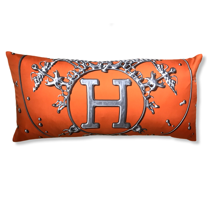 Vintage Hermes Pillow Vif Argent Orange & Silver Vintage Silk Scarf Lumbar Pillow 35" at Vintage Luxe Up