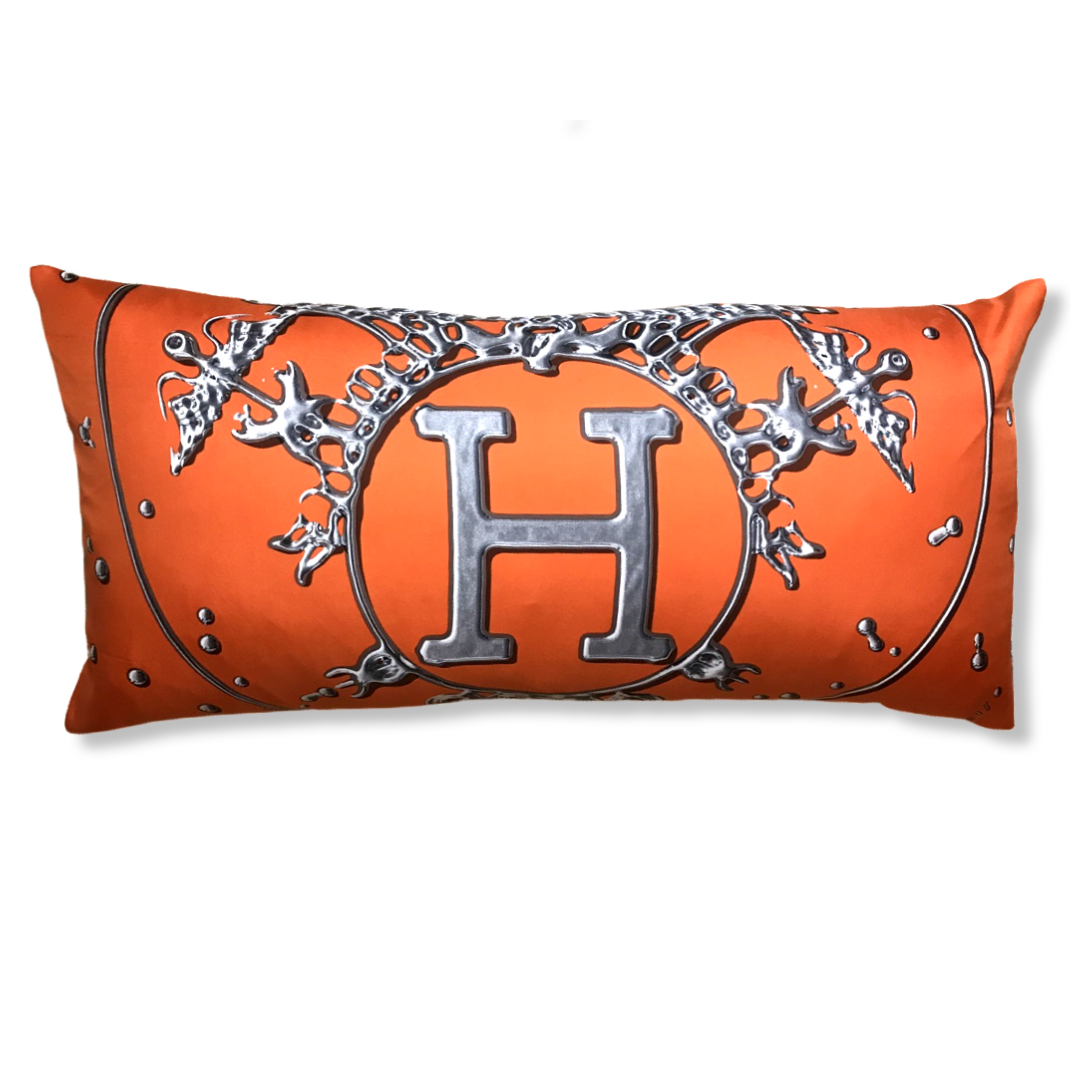 Vintage Hermes Pillow Vif Argent Orange & Silver Vintage Silk Scarf Lumbar Pillow 35" at Vintage Luxe Up
