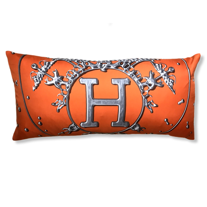 Vintage Hermes Pillow Vif Argent Orange & Silver Vintage Silk Scarf Lumbar Pillow 35" at Vintage Luxe Up