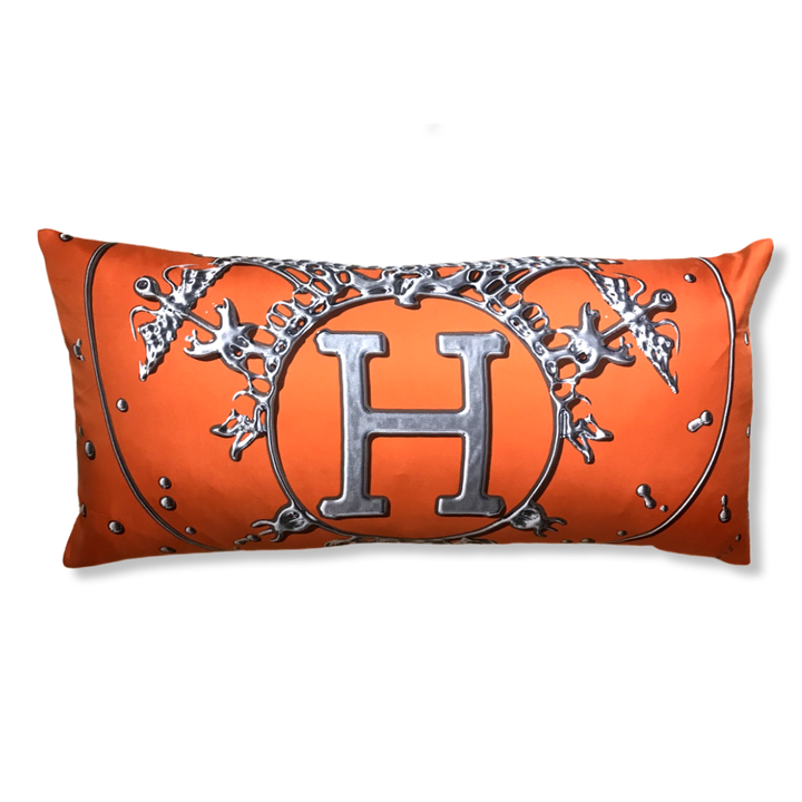 Vif Argent Orange & Silver Vintage Silk Scarf Lumbar Pillows 35"
