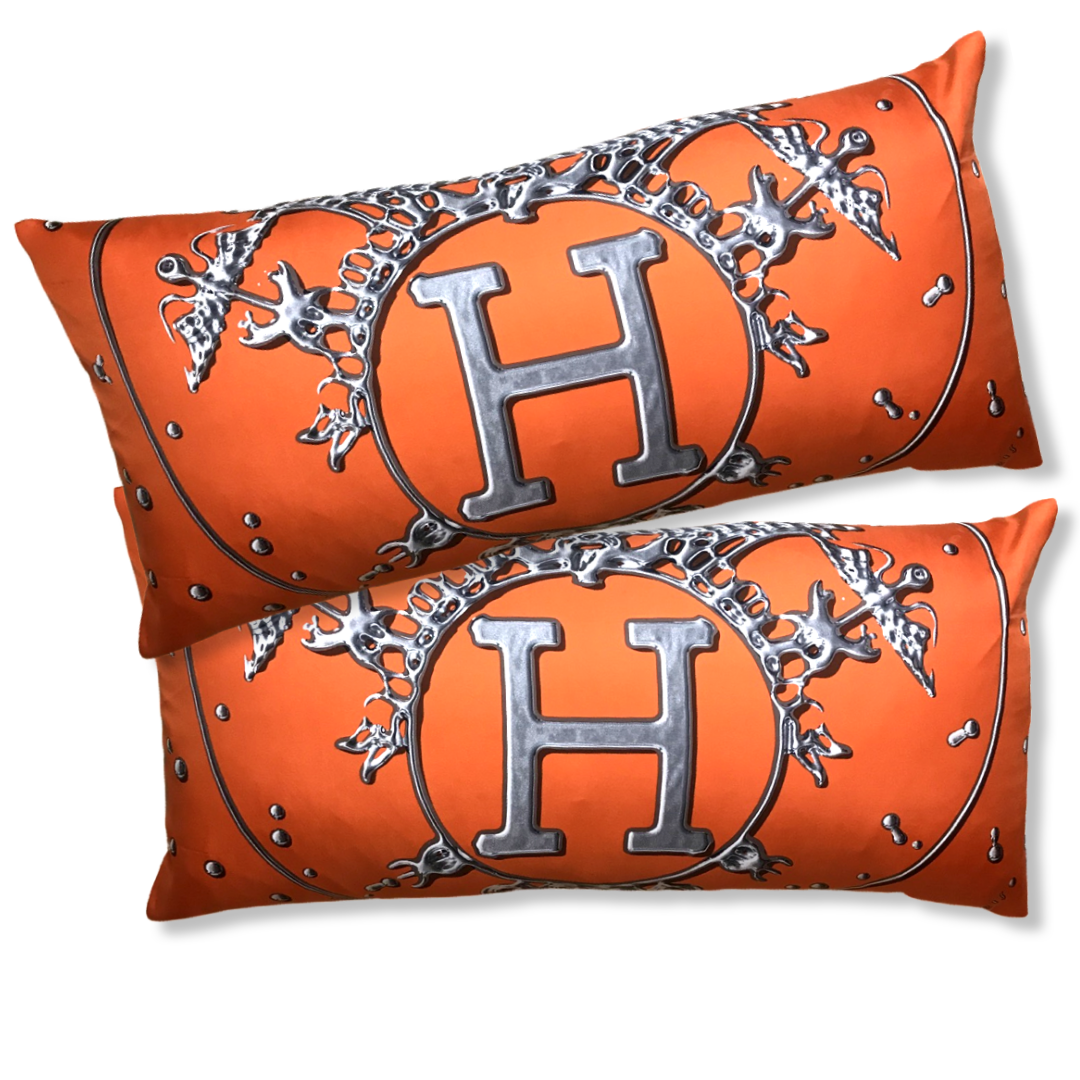 Vintage Hermes Pillow Vif Argent Orange & Silver Vintage Silk Scarf Lumbar Pillows 35" at Vintage Luxe Up