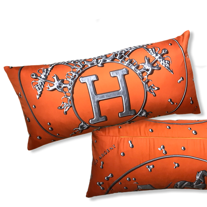 Vintage Hermes Pillow Vif Argent Orange & Silver Vintage Silk Scarf Lumbar Pillows 35" at Vintage Luxe Up