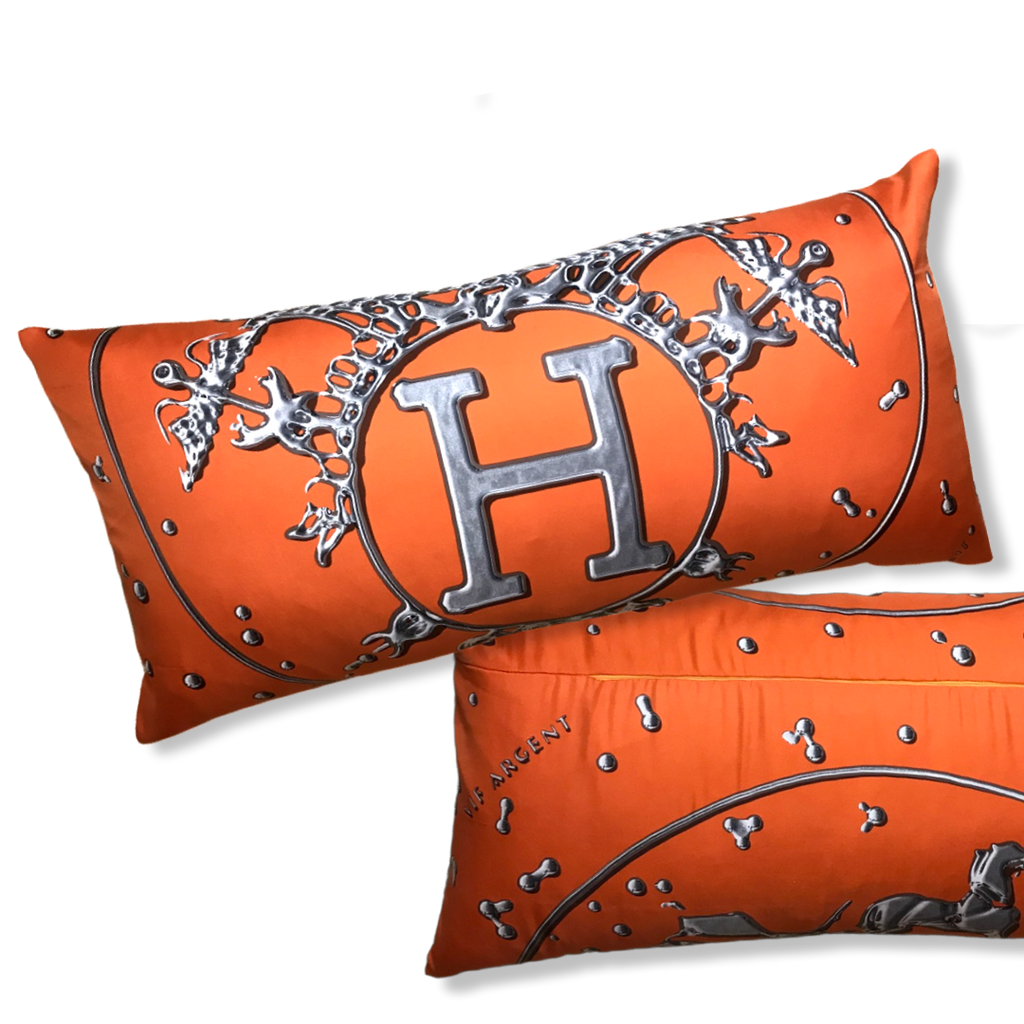 HERMES Vif Argent Silk Scarf Pillow throw pillow decorative pillow HERMES Vif Argent Silk Scarf Pillow throw pillow decorative pillow