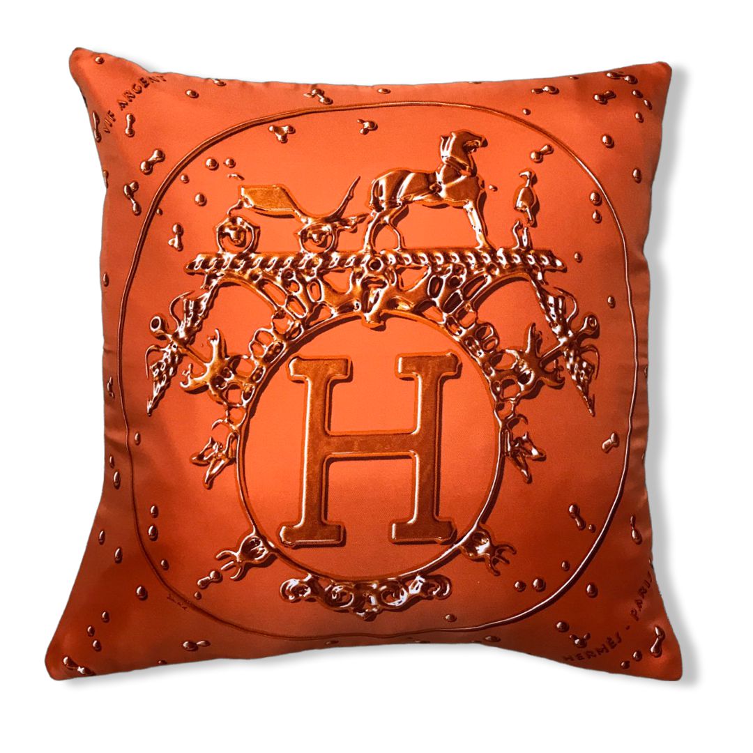 Vintage Hermes Pillow Vif Argent Orange Vintage Silk Scarf Pillow 17" at Vintage Luxe Up