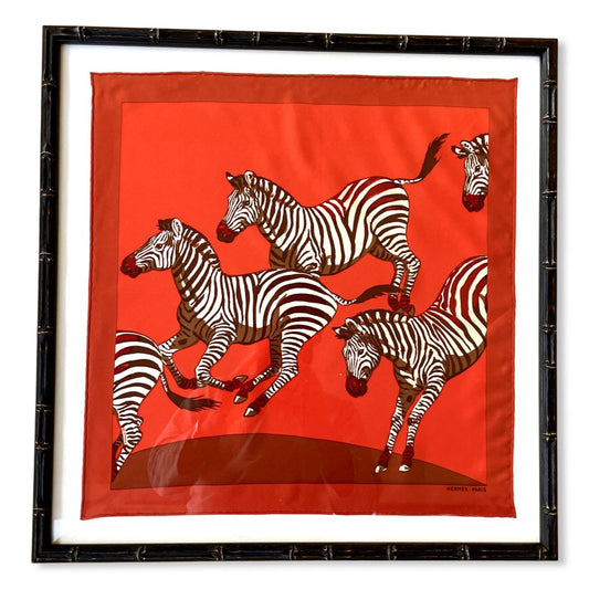 Framed Hermes Scarf Zebras II Framed Vintage Silk Scarf 20" Vintage Hermes at Vintage Luxe Up