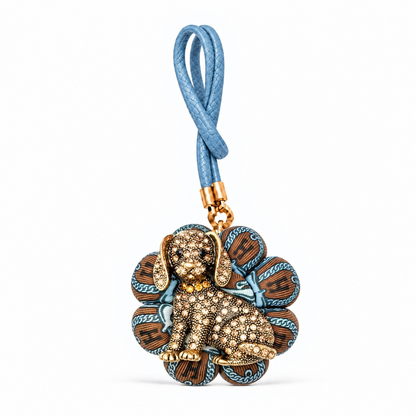 H Strap Blue Puppy Vintage Silk Necktie Bag Charm