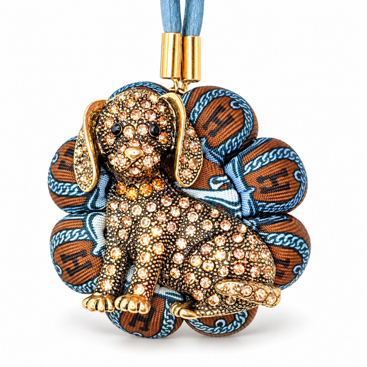 H Strap Blue Puppy Vintage Silk Necktie Bag Charm