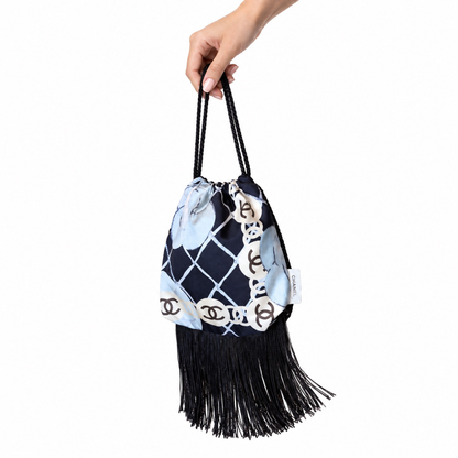 CC Camellia Noir Vintage Scarf Drawstring Crossbody Bag with Fringe