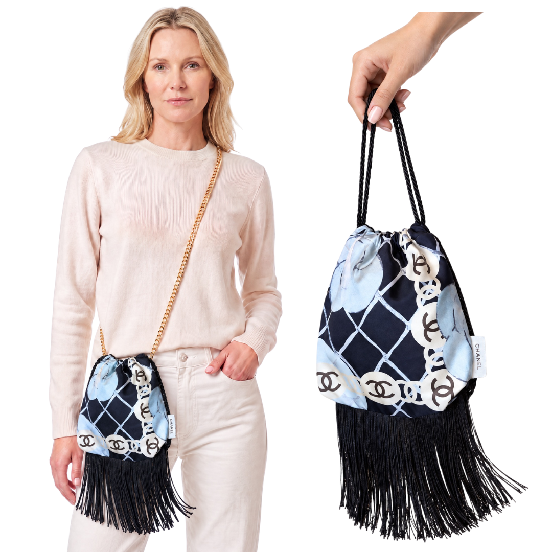 CC Camellia Noir Vintage Scarf Drawstring Crossbody Bag with Fringe