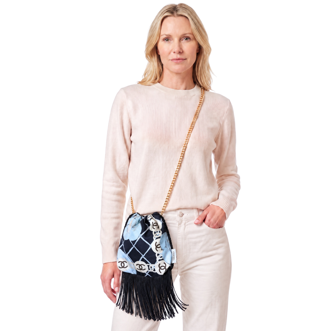 CC Camellia Noir Vintage Scarf Drawstring Crossbody Bag with Fringe