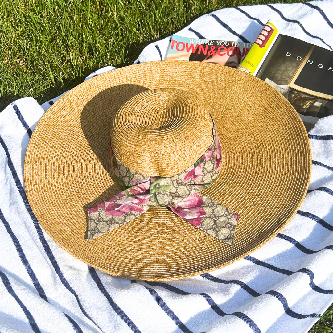 Gucci GG Logo Blooms Pink Scarf Straw Hat exclusively at Vintage Luxe Up