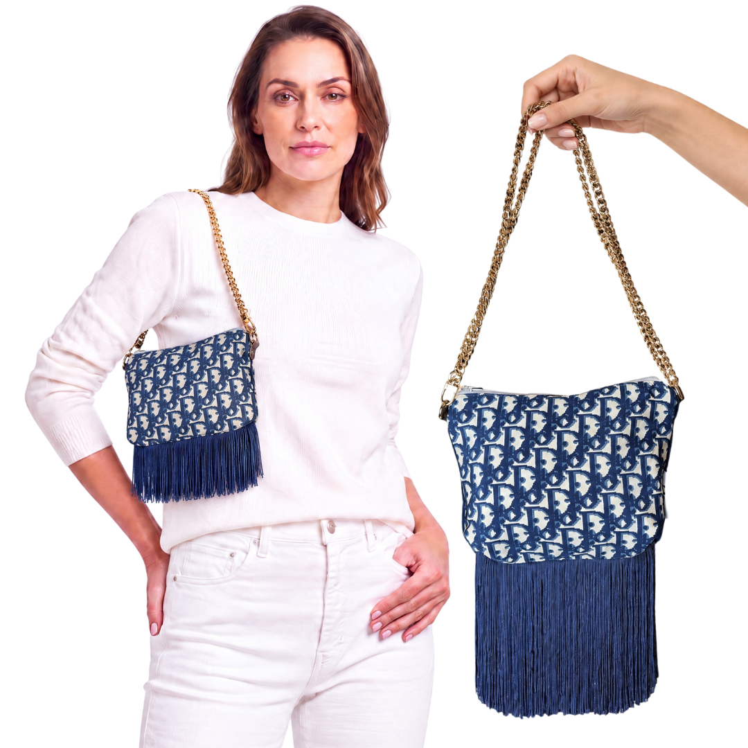 Trotter Blue Vintage Silk Scarf Crossbody Bag with Fringe