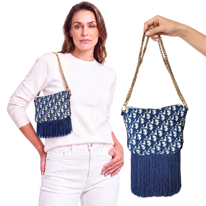 Trotter Blue Vintage Silk Scarf Crossbody Bag with Fringe