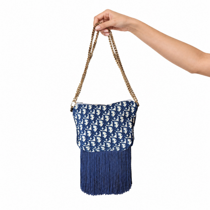 Trotter Blue Vintage Silk Scarf Crossbody Bag with Fringe