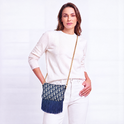 Trotter Blue Vintage Silk Scarf Crossbody Bag with Fringe
