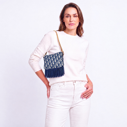 Trotter Blue Vintage Silk Scarf Crossbody Bag with Fringe