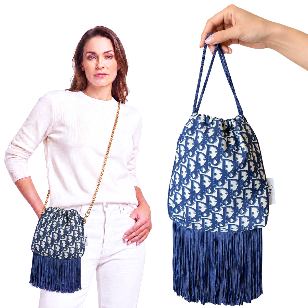 Trotter Blue Vintage Scarf Drawstring Crossbody Bag with Fringe