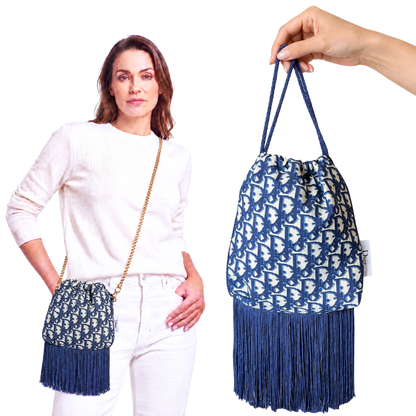 Trotter Blue Vintage Scarf Drawstring Crossbody Bag with Fringe