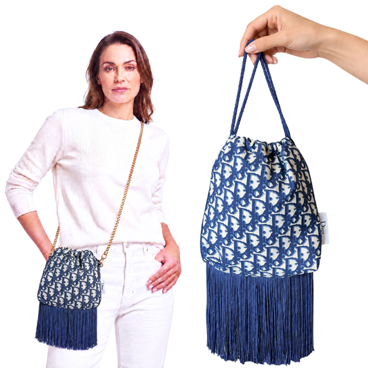 Trotter Blue Vintage Scarf Drawstring Crossbody Bag with Fringe