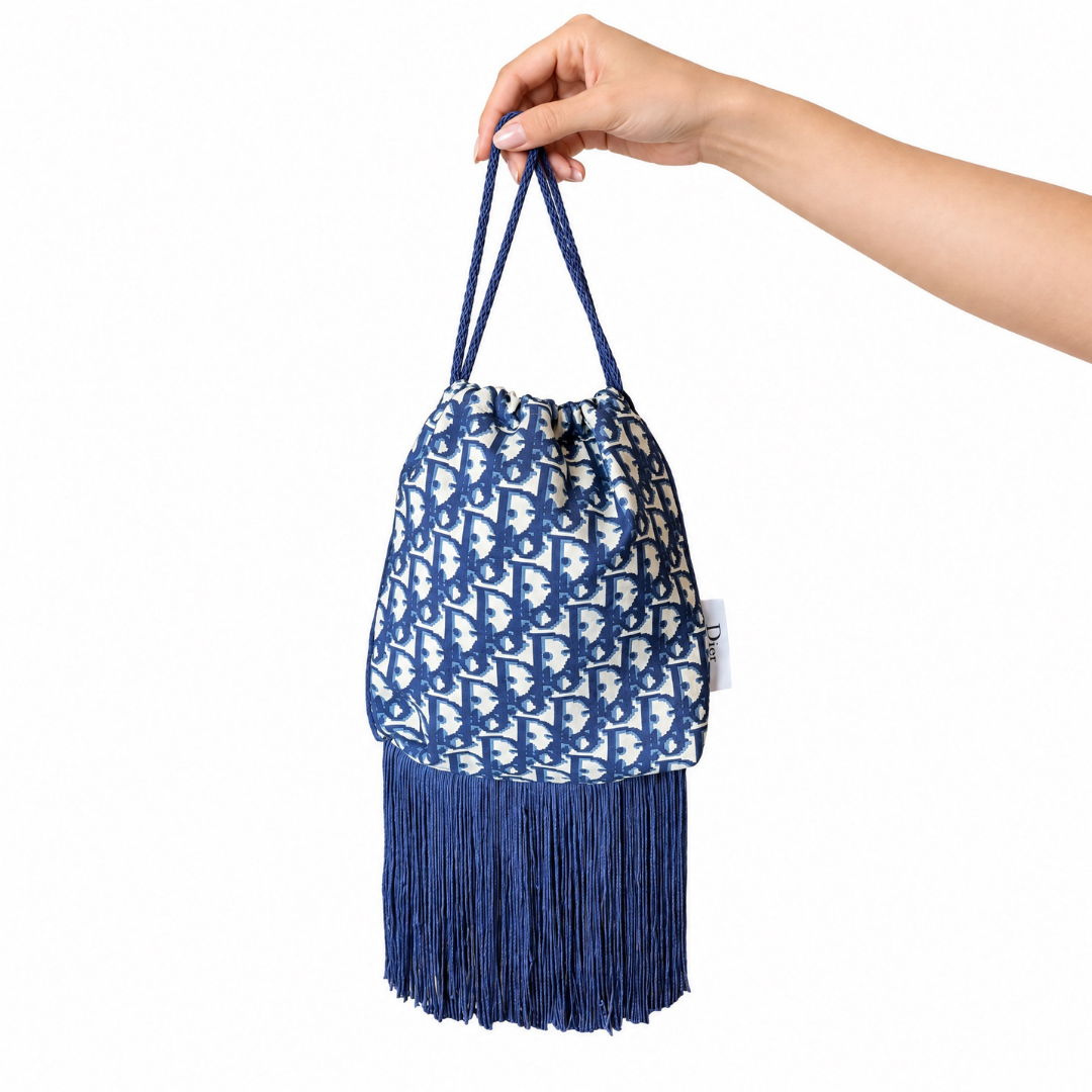 Trotter Blue Vintage Scarf Drawstring Crossbody Bag with Fringe