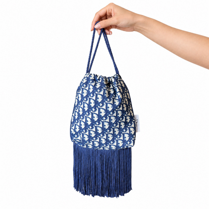 Trotter Blue Vintage Scarf Drawstring Crossbody Bag with Fringe