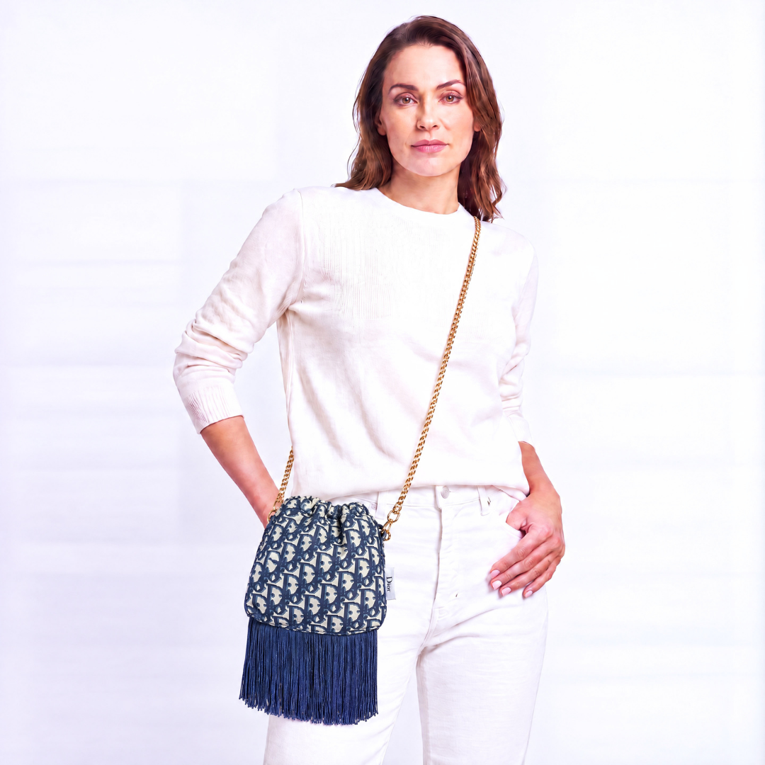 Trotter Blue Vintage Scarf Drawstring Crossbody Bag with Fringe