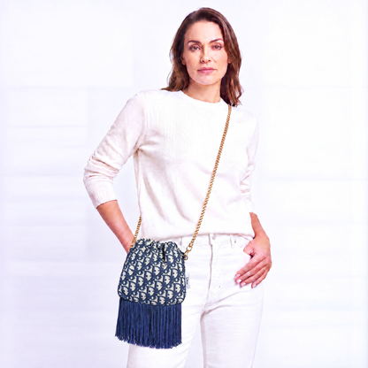 Trotter Blue Vintage Scarf Drawstring Crossbody Bag with Fringe